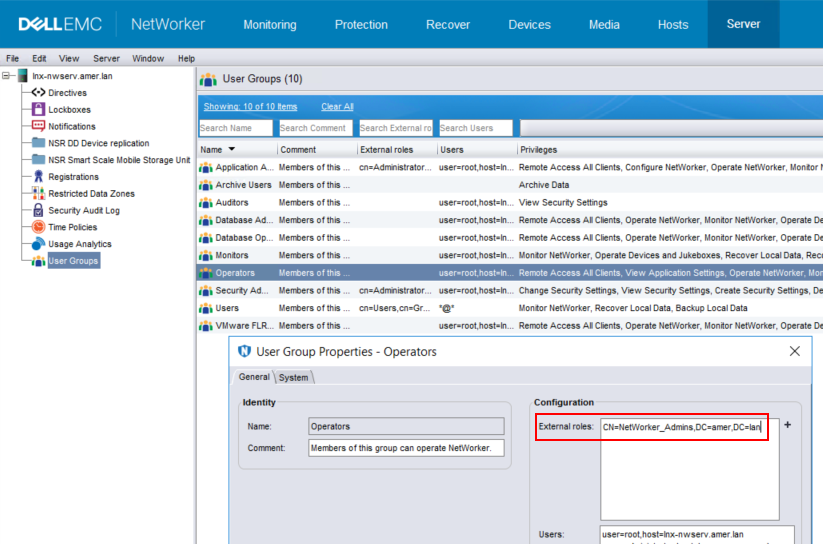 NetWorker server User Groups external roles field