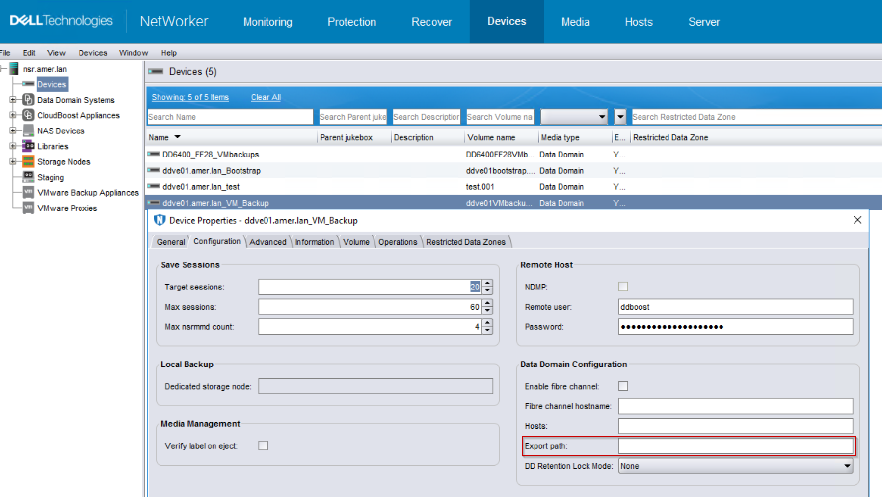DD device export path is blank