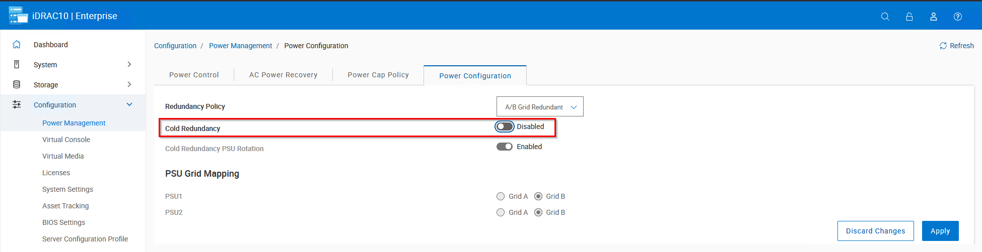 iDRAC10 UI - Disable Cold Redundancy Example