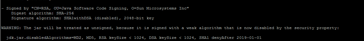 screenshot of warning message JAR treated as unsigned