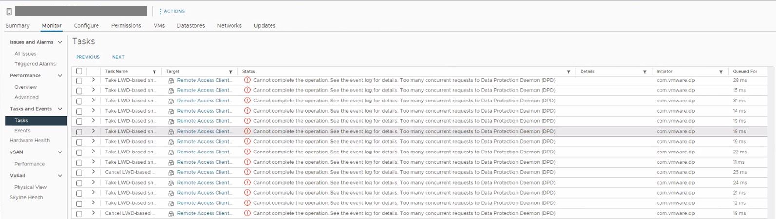 vSphere Web Clientに、スケジュールされた実行中にLWDベースのエラーが継続的に発生するESXiホストが少なくとも1つ表示されます