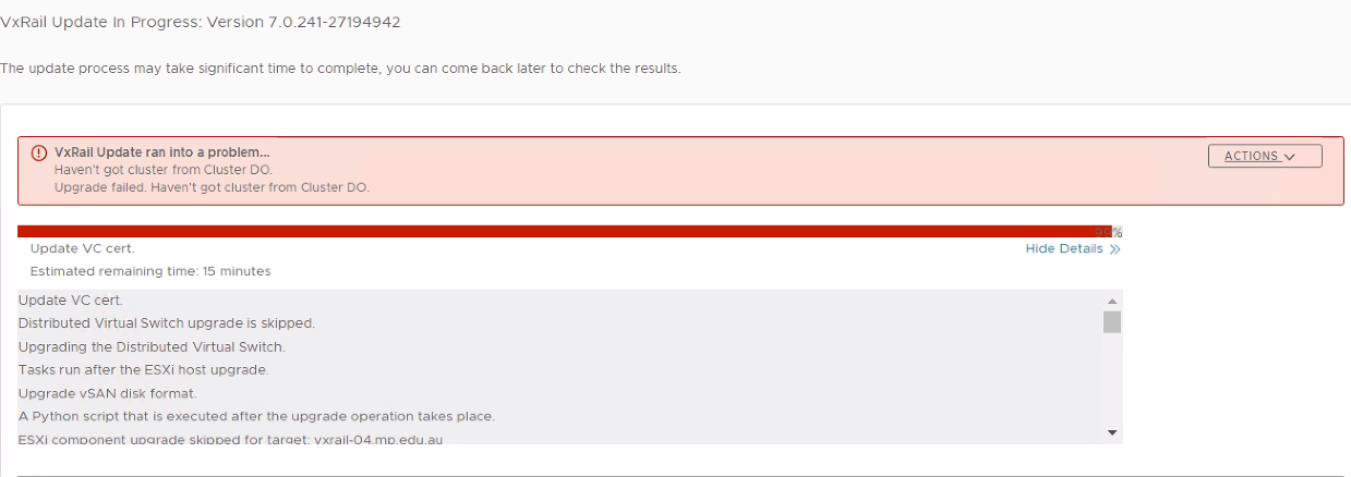 Näyttökuva päivitysvirheestä