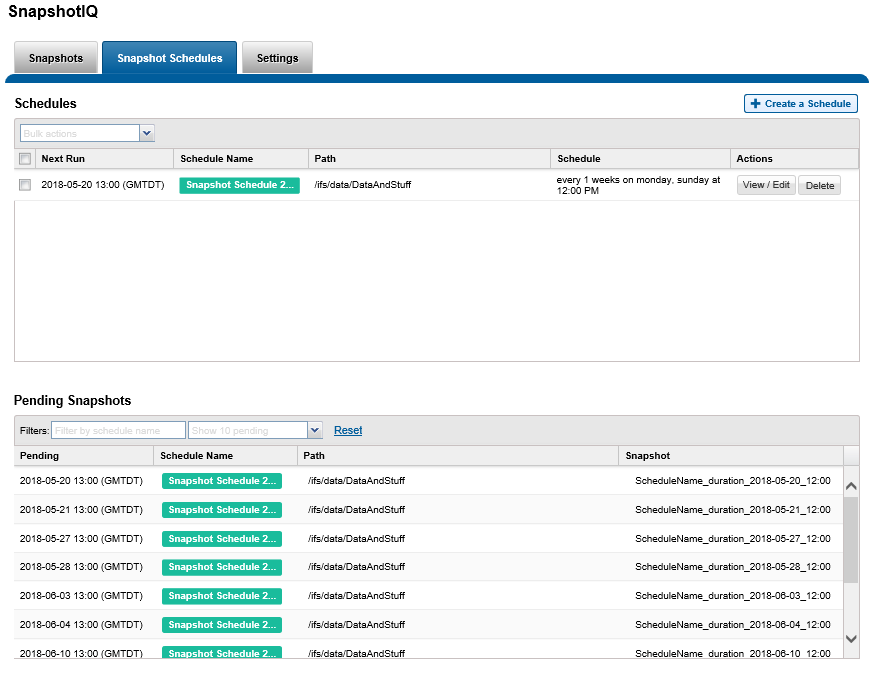 snapshot schedules page
