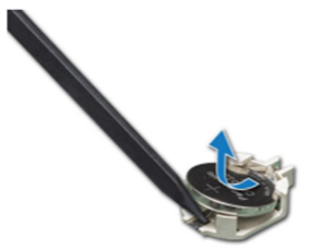 Plastic scribe presses on release to remove the CMOS battery from its socket