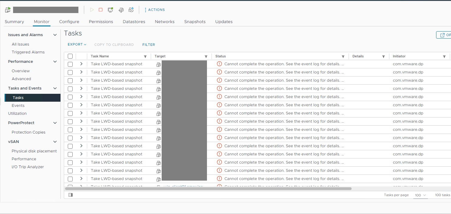 Capture d’écran vSphere Web Client montrant des erreurs continues de snapshot LWD.