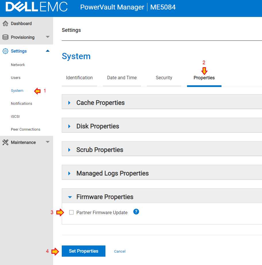 Administrador de PowerVault vaya a Configuración > Propiedades > del sistema > Propiedades del firmware