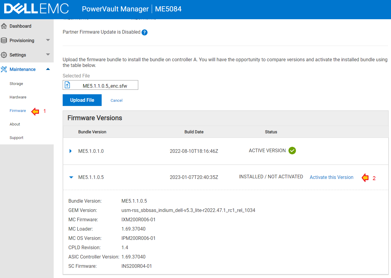 vaya al panel Firmware de mantenimiento > y verifique que el nuevo firmware esté activo