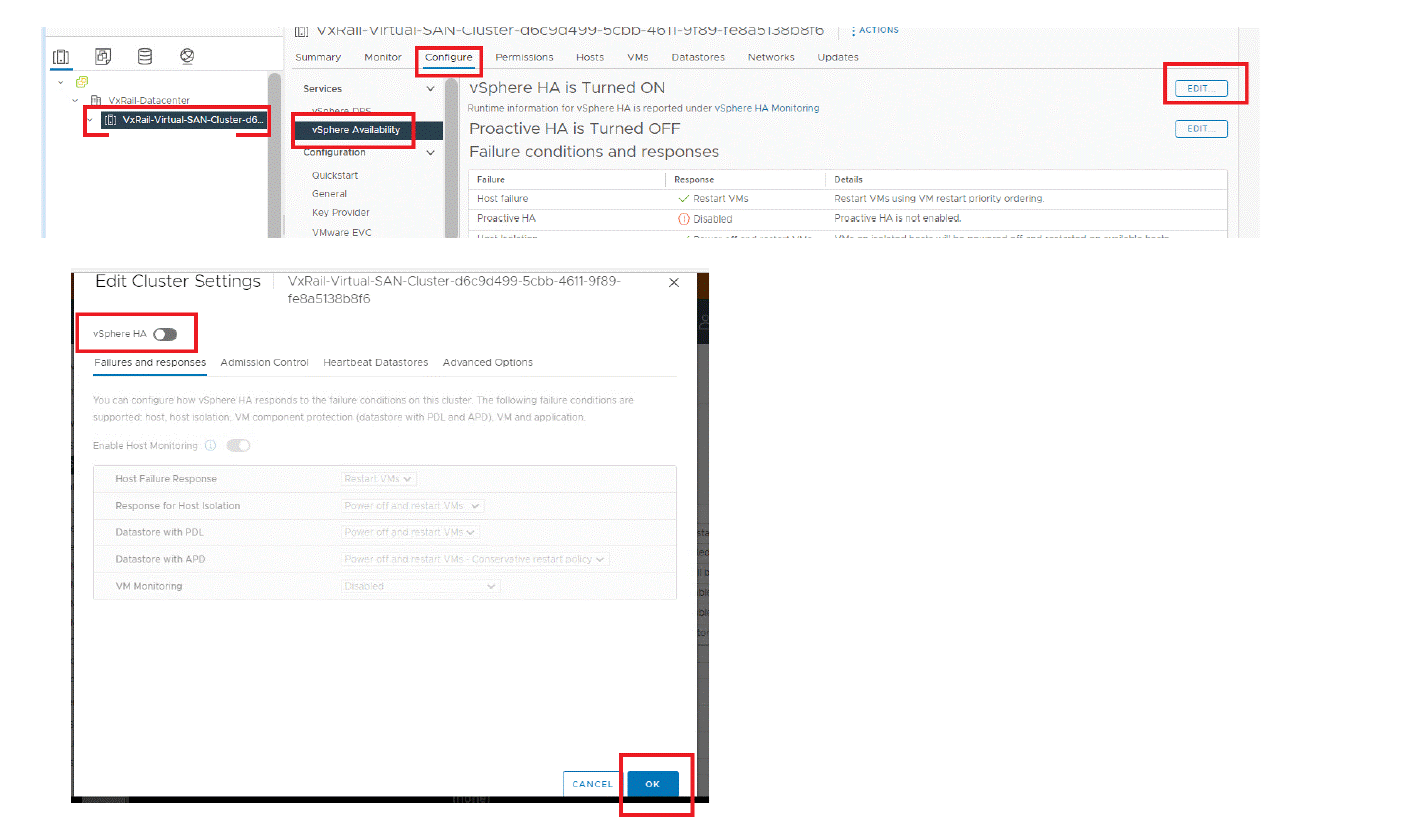 圖中顯示 vSphere HA 組態 - 停用