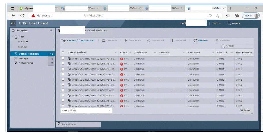 Рисунок, показывающий, что сеть vSAN еще не готова, недопустимая система VMS