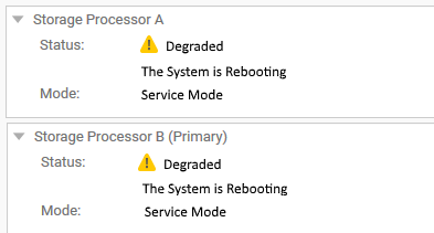 Dans l’interface utilisateur Unisphere, les processeurs de stockage s’affichent comme étant en cours de redémarrage et dans un état dégradé sous « SYSTEM », > « Service », « Service Tasks > ».