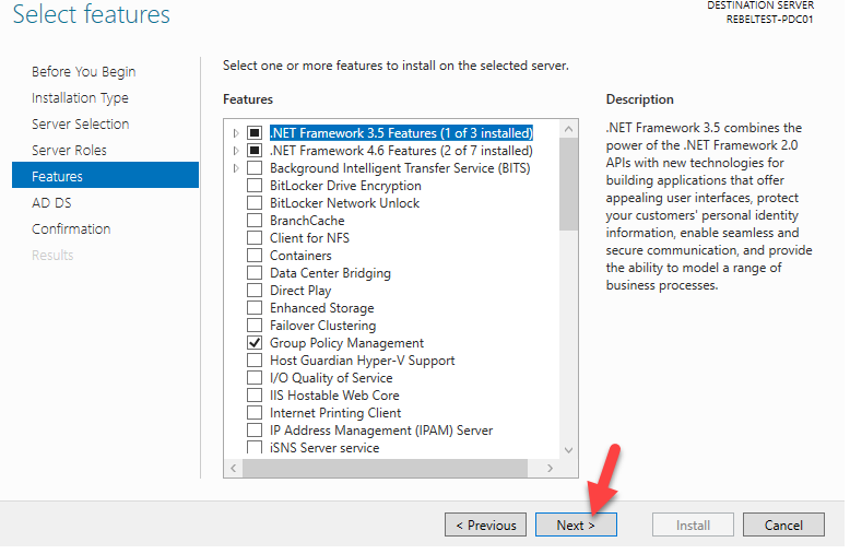 「新增角色與功能精靈功能」頁面按一下「下一步」