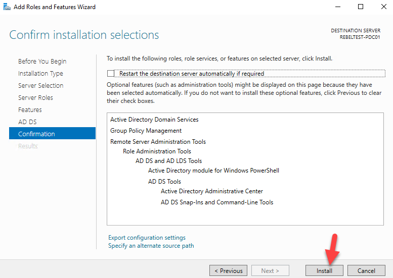 Bevestigingspagina van wizard Rollen en functies toevoegen door op Installeren te klikken