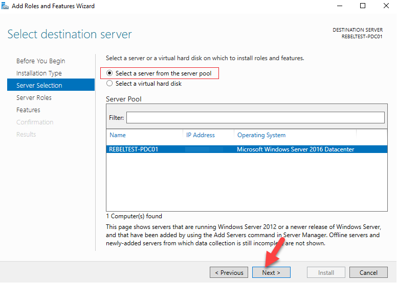 Wizard Rollen en onderdelen toevoegen Server uit serverpool selecteren