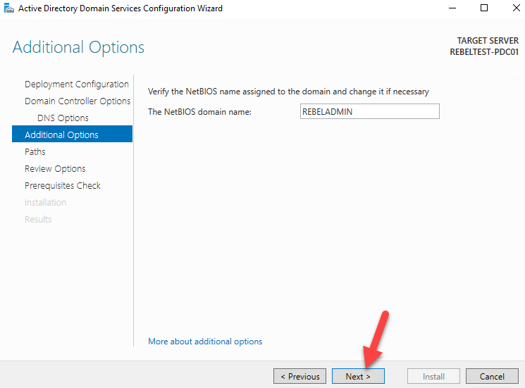 Active Directory Etki Alanı Hizmetleri Yapılandırma Sihirbazı Ek Seçenekler sayfasında İleri'ye tıklayın