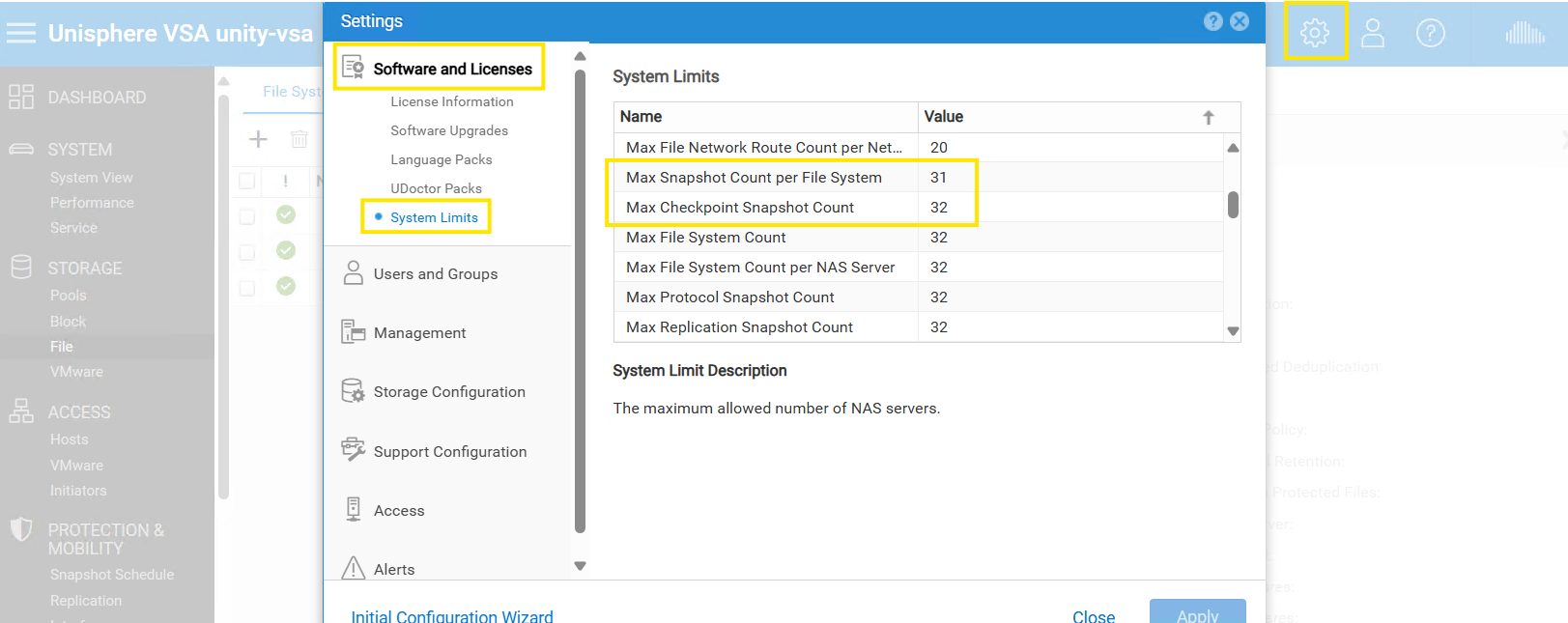 Unity Unisphere shows system snapshot limitations