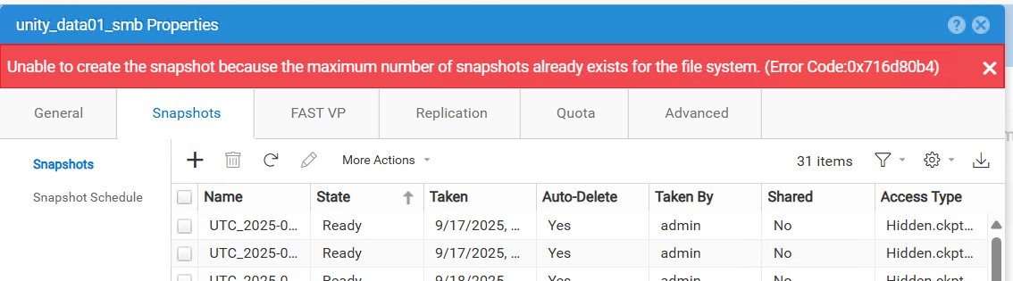  manual snapshot on Unity File Systems displays this error message