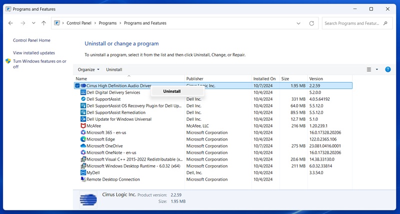 Панель управления Windows, список программ
