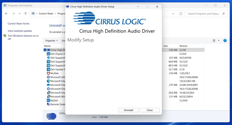 Painel de Controle do Windows, Lista de Programas, Instalação do Driver de Áudio de Alta Definição Cirrus Logic