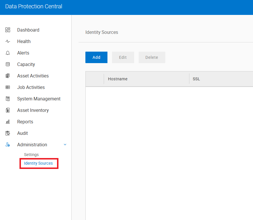 次のDPC UIメニューを表示します。アイデンティティ ソース > 管理