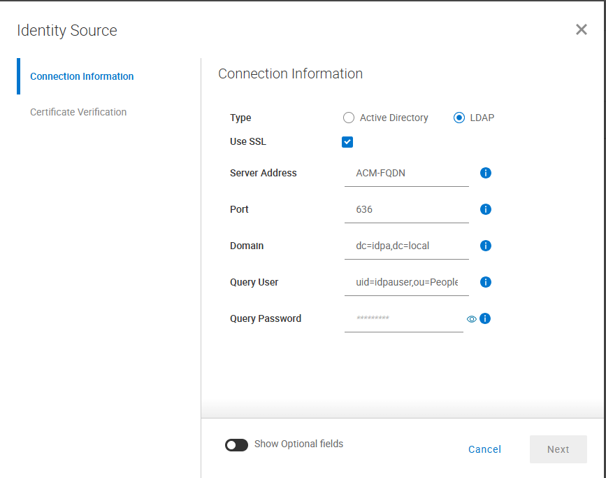 [Identity Source]で、次のように情報を入力します