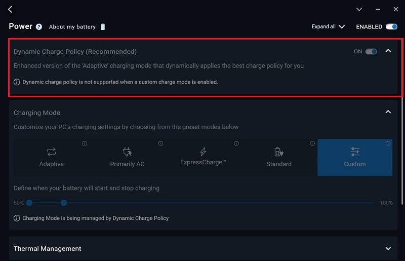 Dell Optimizer、動的ポリシーがツールチップ付きでグレー表示される