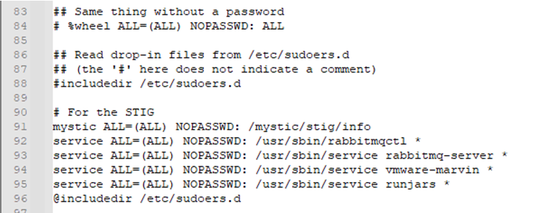 此图显示了添加到 /etc/sudoers 的附加行，以使其通过错误阶段