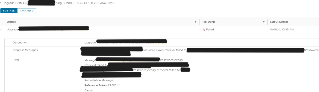 VxRail Manager 升级失败，并显示错误“密码过期找回失败”
