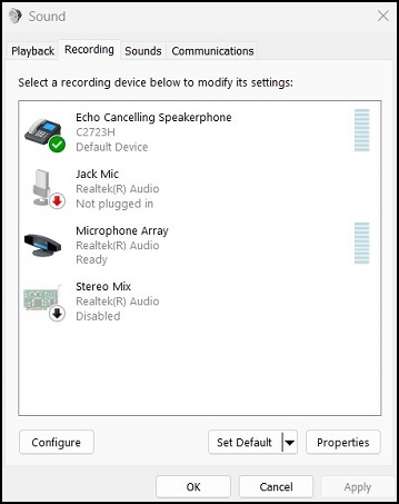 Panel de sonido de Windows, dispositivo predeterminado de cancelación de eco con altavoz