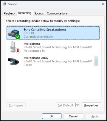 Windows-geluidspaneel, Echo Cancelling-luidsprekertelefoon momenteel niet beschikbaar
