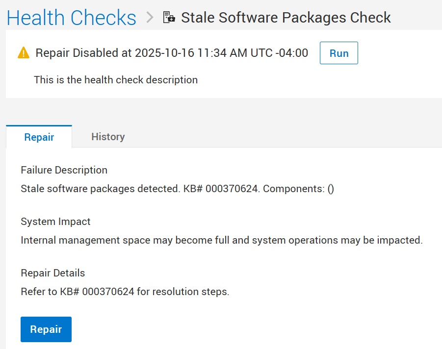 Écran de vérification des packages logiciels obsolètes