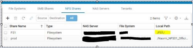 Visa en lista över NFS-resursen
