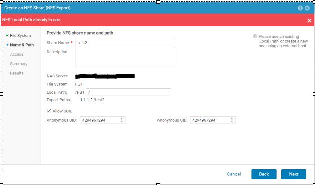Mevcut bir yerel yolla NFS paylaşımı oluştururken hata oluştu