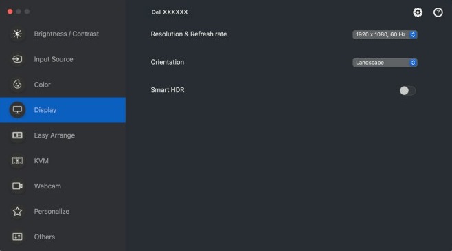 Menu Wyświetlacz programu Dell Display and Peripheral Manager