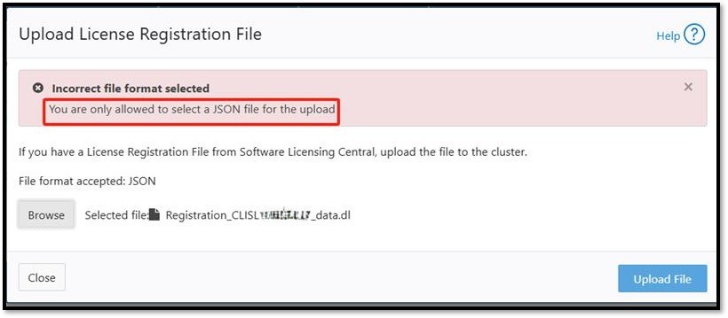 OneFS UI screenshot of an error "You are only allowed to select a JSON file for the upload