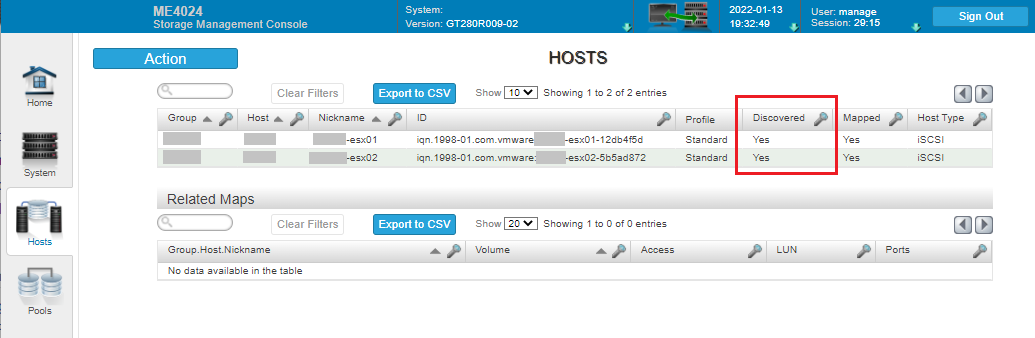 Los iniciadores de host descubiertos por ME4 se muestran como Yes