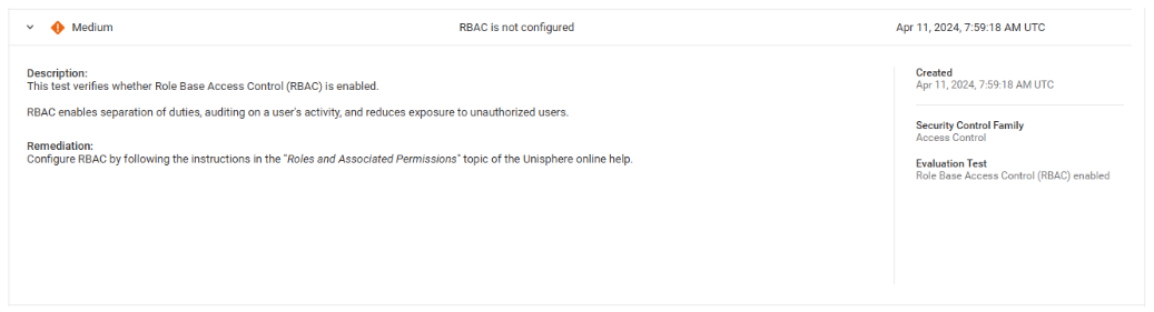 misleading alert for Unisphere Role Base Access Control not be configured