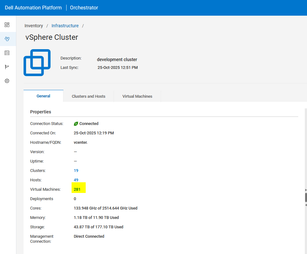 Automation Platform UI の仮想マシン数が 281