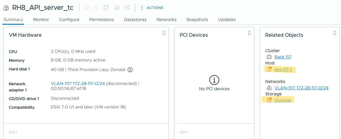 El objeto de VM, RH8_API_server_tc, está presente en la interfaz de usuario en un estado fallido