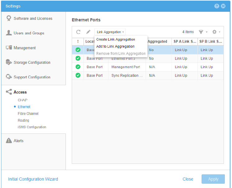 Een afbeelding van het dialoogvenster Create Link Aggregation van Unisphere