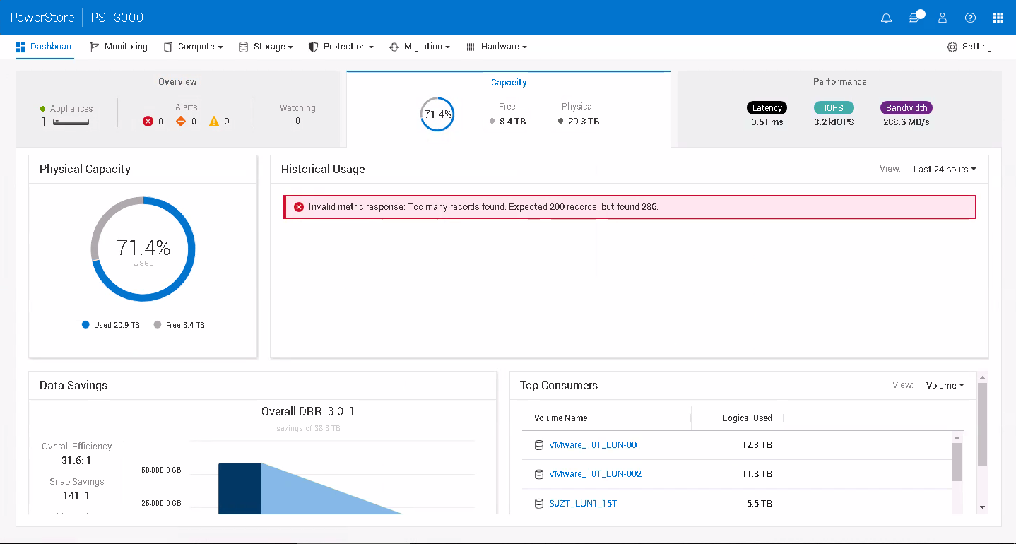 image of UI Report showing error message Too Many Records Found When Viewing Historical Space Usage