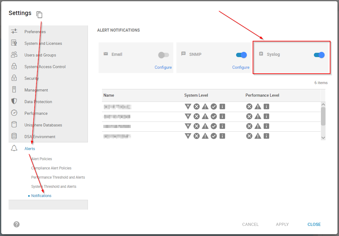 Para interceptar eventos del arreglo, utilice Settings > Alerts > Enable Syslog