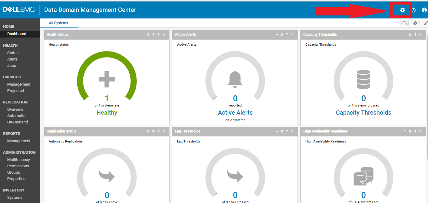 Screenshot der Benutzeroberfläche des Data Domain Management Center. Ein zahnradförmiges Symbol für 