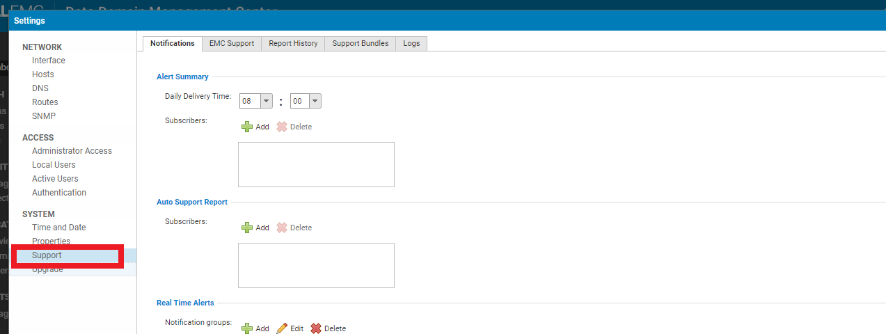 Schermafbeelding van het menu Instellingen in versie 6.x van de gebruikersinterface van het Data Domain Management Center. Een tabblad met het label