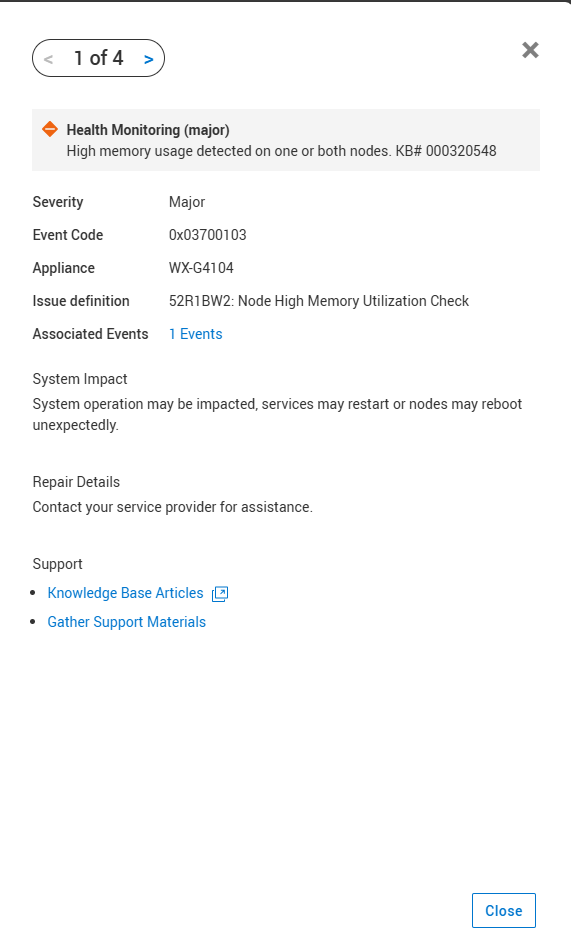 높은 메모리 사용량에 대한 오류 메시지 스크린샷