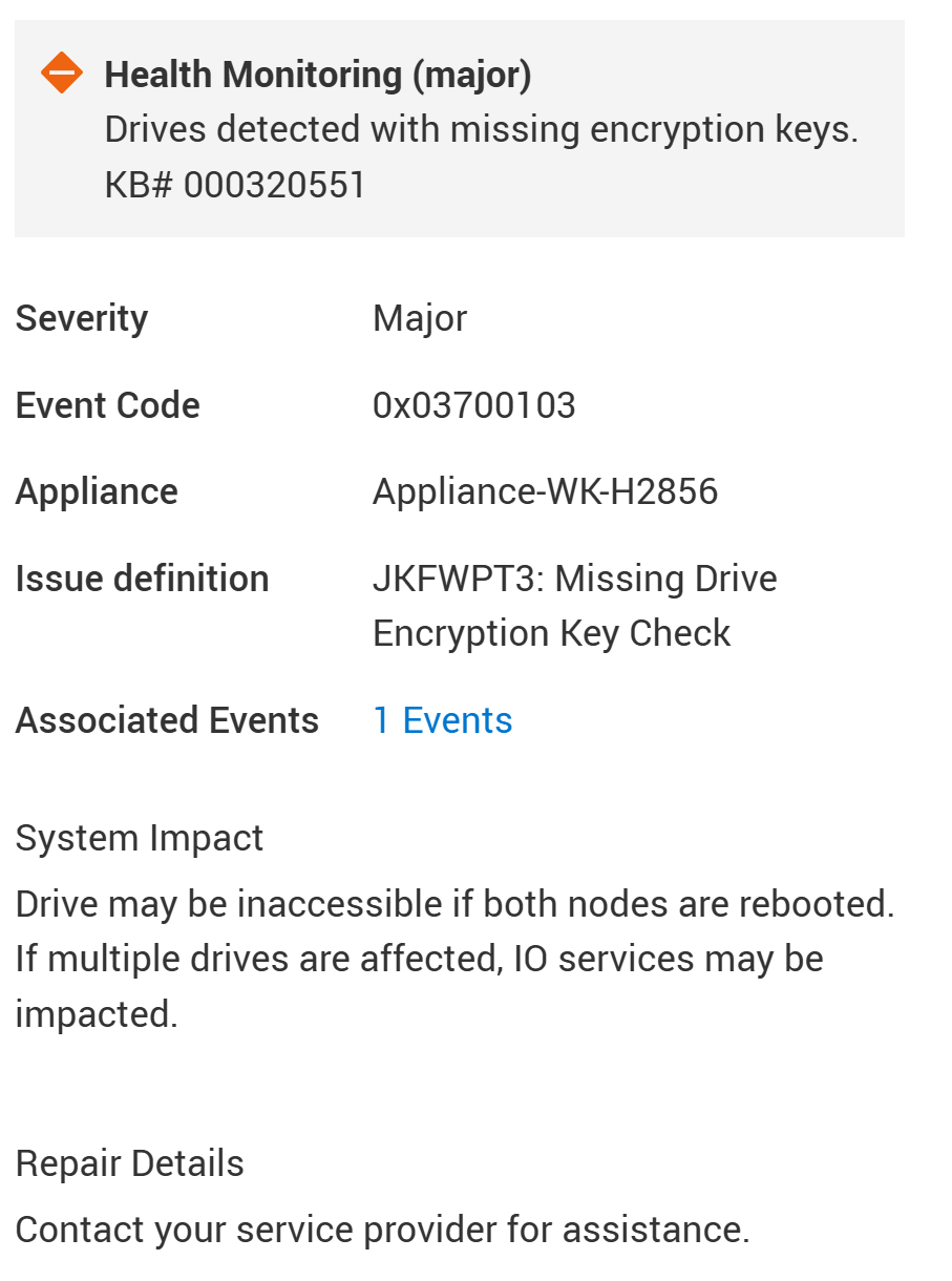 Skærmbillede af advarselsmeddelelse om manglende krypteringsnøgler