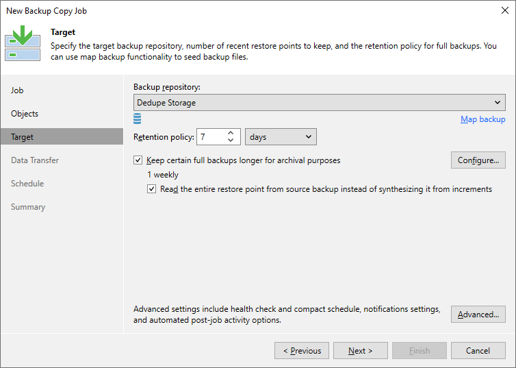 Specifiy the target backup repository, recent restore points, and retention policy
