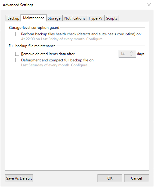 Definir configurações de manutenção para backup completo e em nível de armazenamento