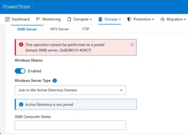 screenshot of error message Active Directory Not Joined