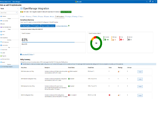 Vista de la consola de Dell OpenManage Integration with Windows Admin Center del estado de cumplimiento de políticas