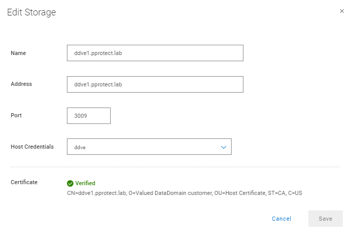 Captura de tela do Data Domain Edit Storage 